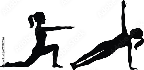 Woman yoga silhouette poses, fitness stretching and balance exercises, healthy lifestyle training illustration, female workout figures isolated on white background