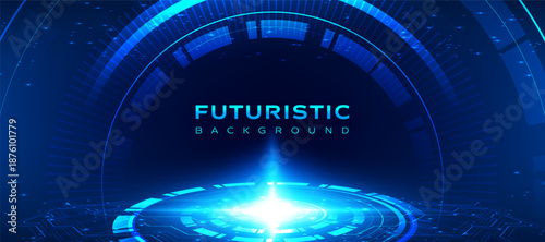 Futuristic technology blue abstract digital background with glowing circular HUD interface and energy light center. Modern sci fi vector design for technology, innovation, AI, cyber, and virtual