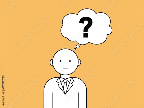 Man in suit with question mark thought bubble above head.