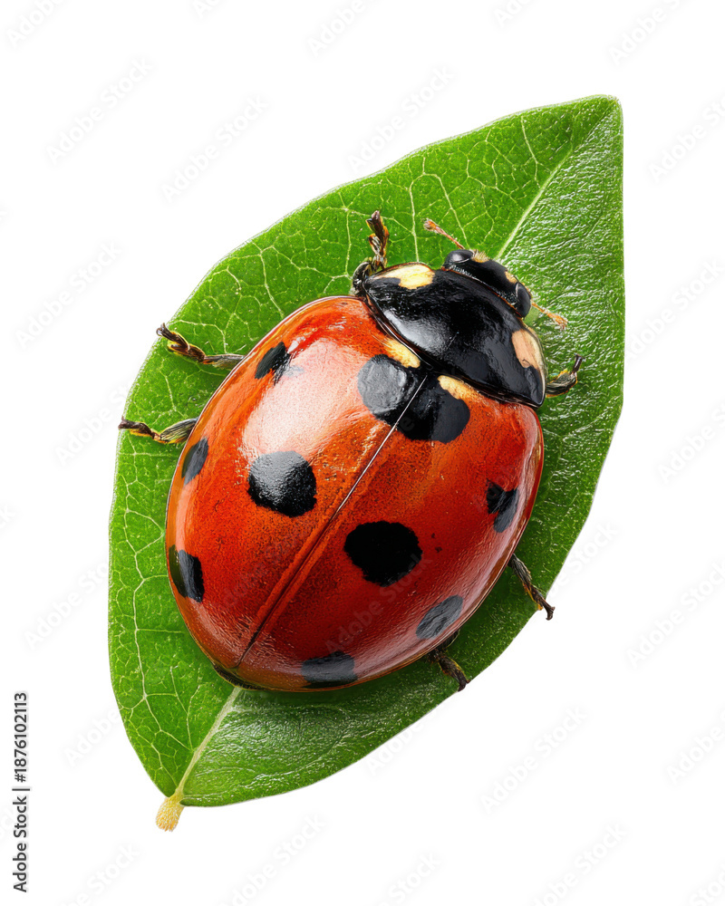 Fototapeta premium Ladybug's Embrace: An up-close view reveals a vibrant ladybug, perched delicately on a lush green leaf.