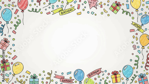 Festive Birthday Celebration Border with Balloons Gifts and Confetti.