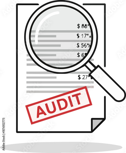 Financial Audit Document Scrutiny with Magnifying Glass Illustration for Business Review and Compliance Verification