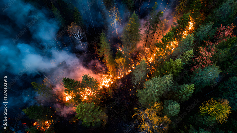Fototapeta premium Aerial View of a Devastating Forest Fire