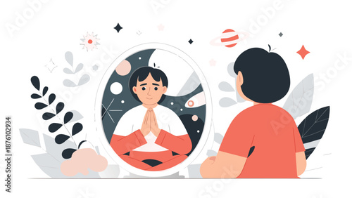 Person meditating in front of mirror with hands together in peaceful gesture