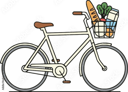 Illustration of a bicycle with a basket full of groceries, ideal for food delivery or sustainable transportation concepts