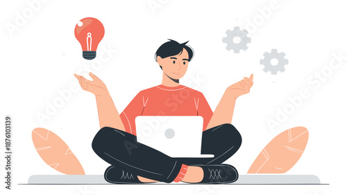 Young man meditating with laptop and creative ideas