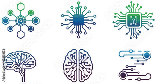 A diverse set of conceptual icons representing artificial intelligence, digital technology, neural networks, data processing, and interconnected systems for modern applications