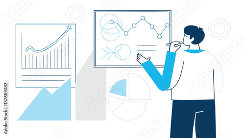 Businessman analyzing data on whiteboard with graphs and charts in modern office