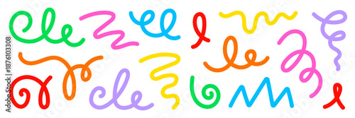 Abstract doodle line shapes and colorful confetti squiggle set. Carnival abstract cute doodle curve confetti design for celebrations, line squiggles, geometric shape elements. Vector illustration