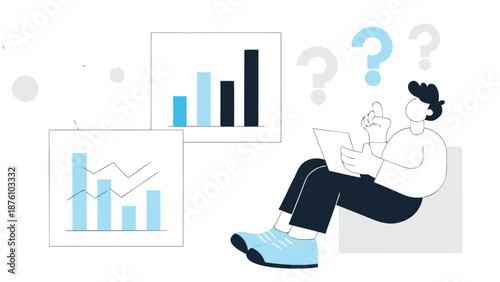 Businessman analyzing data charts with questions