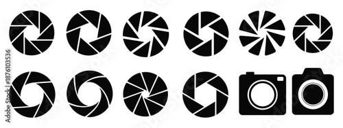 Camera lens diaphragm aperture icon set vector, illustrating detailed photographic aperture mechanisms for creative camera and media design use.