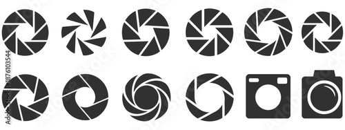 Camera lens diaphragm aperture icon set vector, featuring adjustable shutter blades, photography symbols, and professional optical design elements.