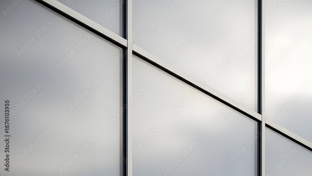 Fototapeta premium A modern architectural detail showcasing a bright, geometric frosted glass facade with clean lines and reflective panels, viewed close-up on a sunny day