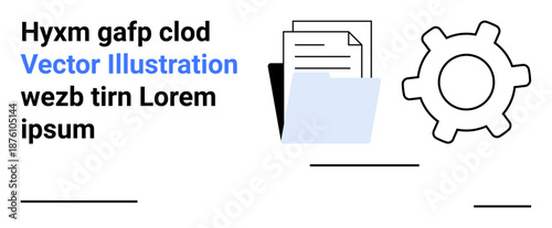 Data management, organization workflows, office processes, file storage, digital tools, technical analysis. Gear, file folder and documents. Data management and organization workflows concept