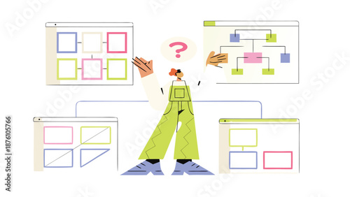 Confused woman surrounded by complex flowcharts and diagrams