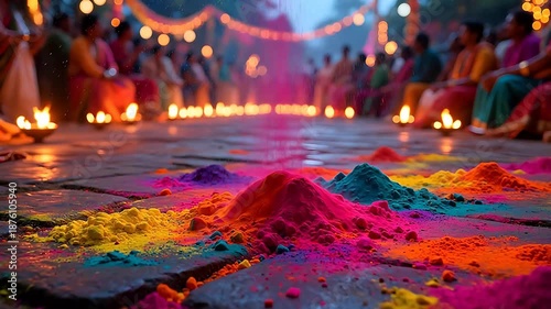 Colorful powders and lit candles at gathering