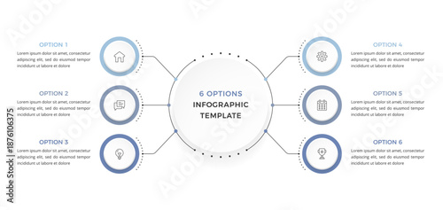 Six option infographic template with a central circle connected to circular elements presenting a structured business or presentation layout