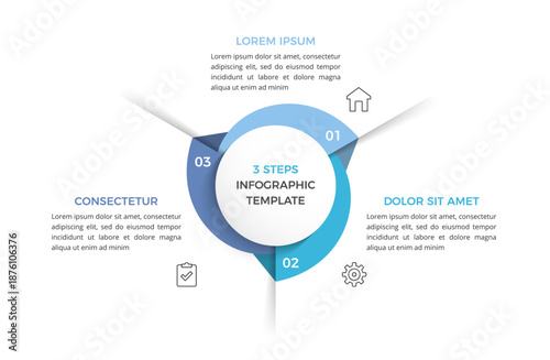 Circle diagram with three elements, cycle process or workflow with three steps, infographic template