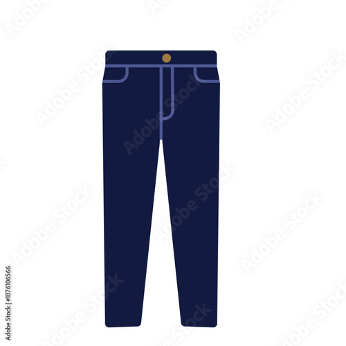 Dark blue denim jeans with light blue stitching and a gold button, flat illustration.