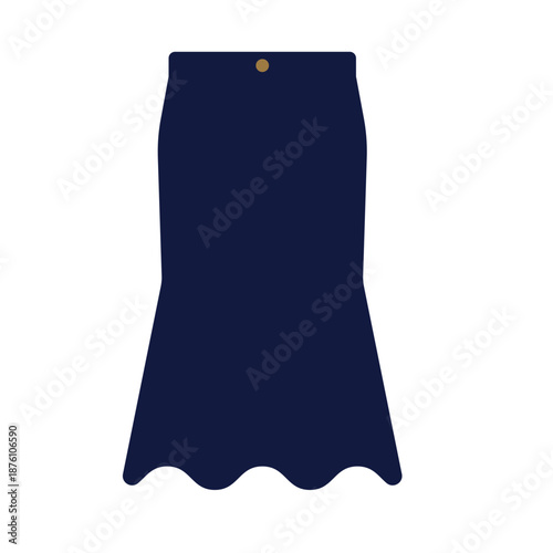 Simple dark blue midi skirt featuring a subtle wavy hemline and a small golden button detail.