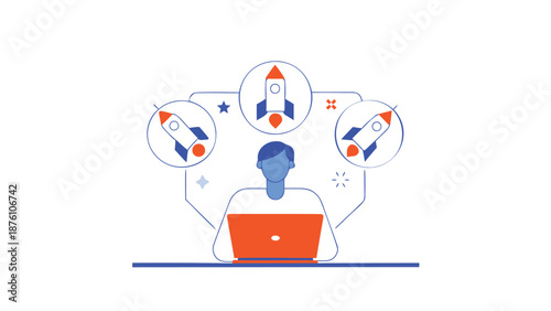 Businessman launching startup ideas on laptop with rocket concepts