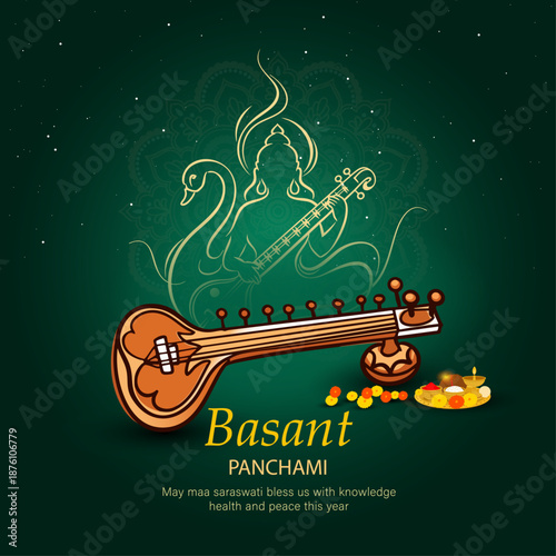 Basant Panchami Festival Illustration with Goddess Saraswati and Veena