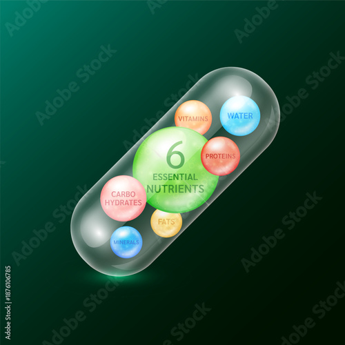Six essential nutrients to the body. Carbohydrates Proteins Fats Vitamins Minerals and Water in transparent capsule drug on dark background. For products design supplement food. 3D vector.