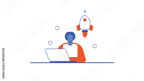 Businessman launching new project with rocket on laptop