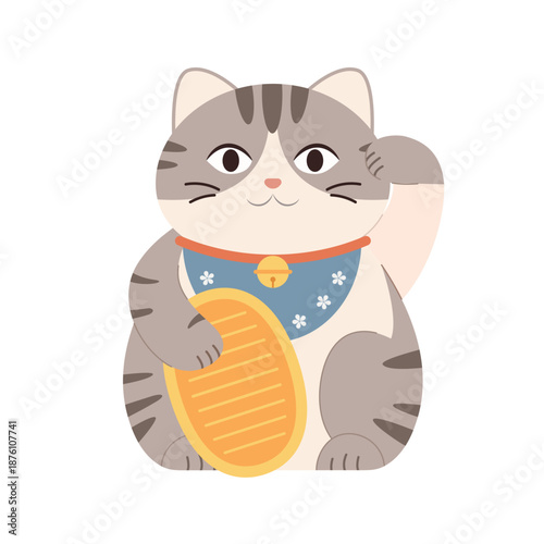  Lucky grey cat beckoning fortune with coin and bell accessories illustration