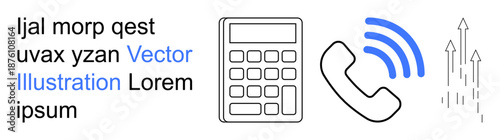 Business growth, communication, technology, calculation tools, analytics, financial planning. Icons of a phone with signal, calculator and upward growth arrows. Communication and financial planning