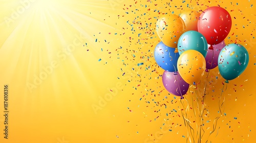 Festive Party Scene with Gold and Pink Balloons. Beautiful party balloons texture. Festive Balloon Bouquet on yellow Backdrop