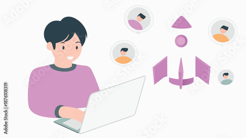 Young professional working remotely with virtual team