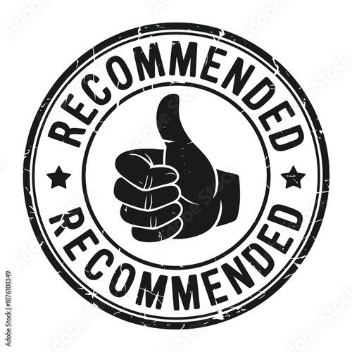 a black and white recommended stamp with a thumbs up