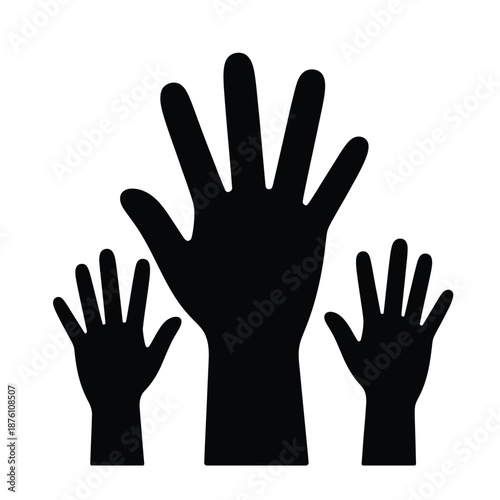 Three black silhouettes of hands raised with fingers spread apart