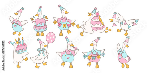 Cute silly goose birthday party set with cake, balloons, and party hats in pastel hand-drawn doodle style.