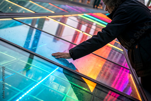 Hand on color changing glass with vibrant futuristic light