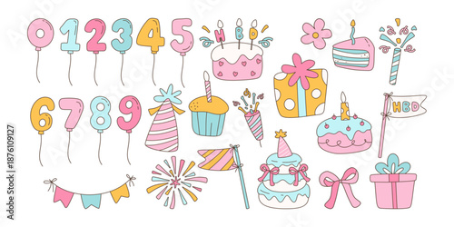 Birthday party elements set with number balloons, cakes, and gifts in cute pastel hand-drawn doodle style.