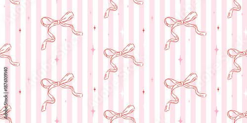 Pink ribbon bow seamless pattern on striped background with sparkles in hand-drawn doodle style for Valentine's Day.