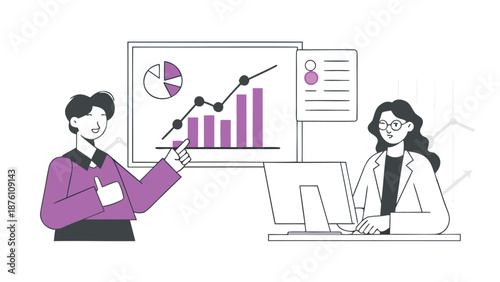 Business professionals analyzing data and presenting results in modern office