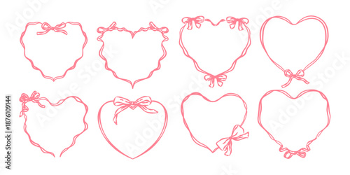 Set of cute heart-shaped frames made of pink ribbons and bows in hand-drawn doodle style.