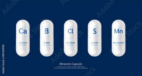 Minerals pill white capsule drug Calcium Boron Chlorine Sulfur Manganese on dark background. For products design supplement food. Medical science . 3D vector.
