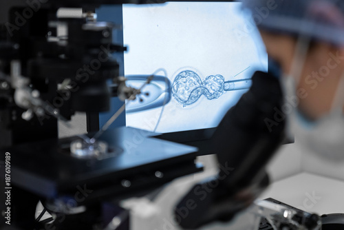Advanced IVF laboratory procedure with embryologist using micromanipulator for ICSI treatment, artificial insemination and human embryo research in modern fertility clinic for assisted reproduction.
