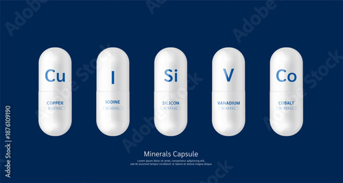 Minerals pill white capsule drug Copper Iodine Silicon Vanadium Cobalt on dark background. For products design supplement food. Medical science . 3D vector.