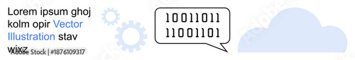 Data processing, cloud computing, digital transformation, programming, technology innovation, communication tools. Speech bubble with binary code, gears and cloud shape. Cloud computing and data