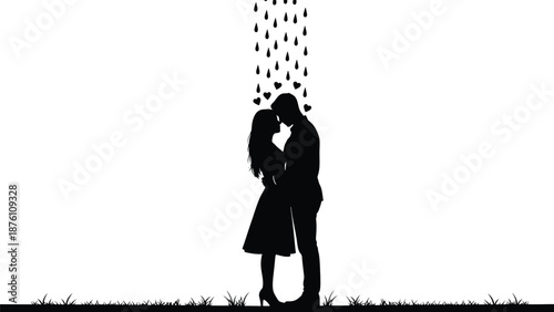 A romantic couple shares a kiss under falling hearts on a white background