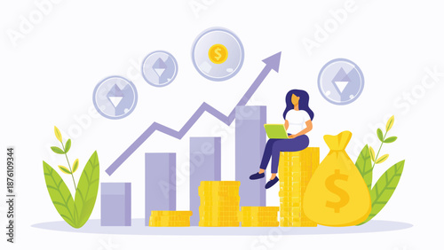 Woman analyzing financial growth with laptop on stack of coins
