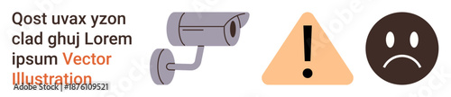 Security systems, safety alerts, emotional distress, surveillance, public safety, monitoring services. Camera icon, warning triangle sad face emotion on white background. Security and safety alerts