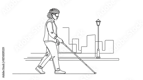 High-Quality Black Continuous Line Art View of a Blind Person Using a White Cane