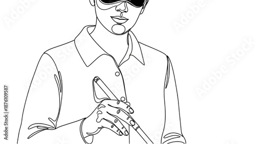 Minimal Black Continuous Line Illustration of a Visually Impaired Person Using a White Cane