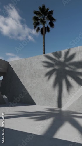 Modern concrete structure with palm tree shadow, sunny outdoor scene in California
